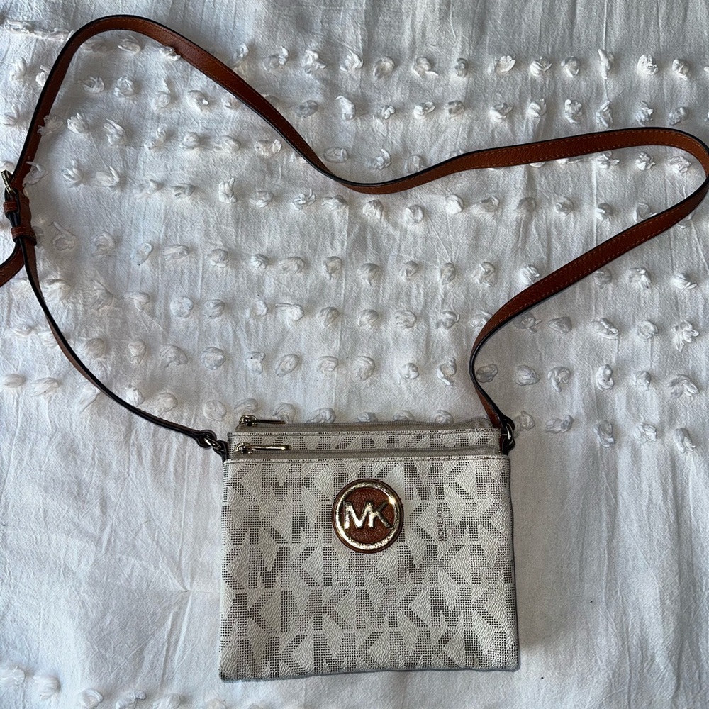 Michael Kors White and Brown Crossbody Bag